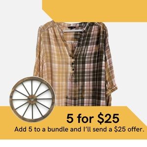 Bleach dipped summer plaid with tie up 3/4 length sleeves.